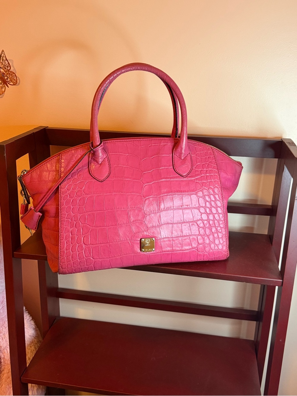 MCM Croc-Embossed Leather Satchel
